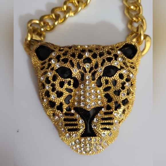 Leopard cheetah chunky chain necklace Rhinestones gold black enamel Rhianna - Picture 4 of 12